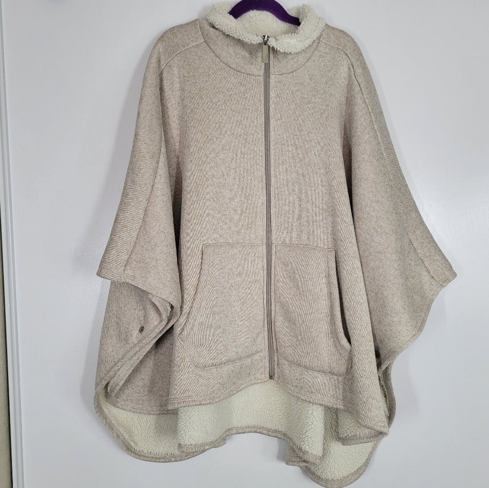 Calvin Klein Tan Knit Zip Up Poncho w/ Pockets & Faux Fur Lining, One Size